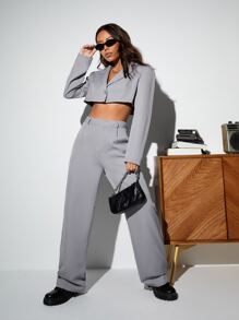 SHEIN Coolane Single Button Crop Blazer & Wide Leg Suit Trousers - Light Grey - View 1