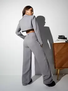 SHEIN Coolane Single Button Crop Blazer & Wide Leg Suit Trousers - Light Grey - View 2
