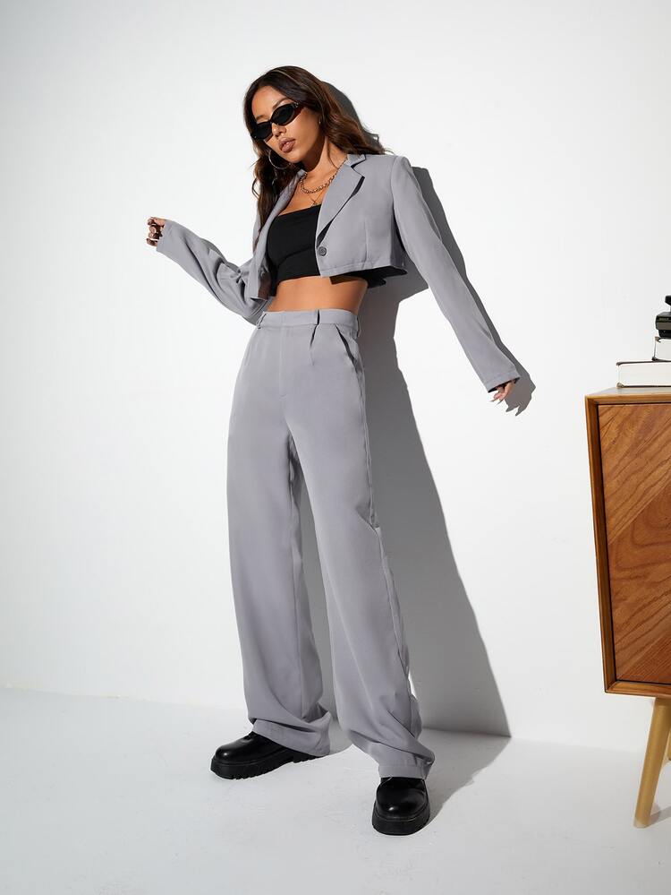 SHEIN Coolane 單釦短版西裝和闊腿西裝褲 - 淺灰色 - 查看 4