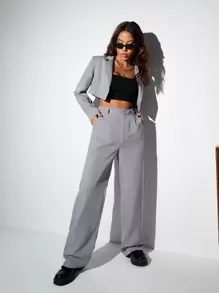 SHEIN Coolane Single Button Crop Blazer & Wide Leg Suit Trousers - Light Grey - View 5