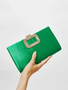 Bolso de noche con diseño de diamante de imitación de satén - Verde - Ver 5