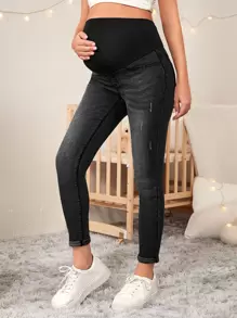 SHEIN Maternity High Waist Ripped Skinny Jeans - Black - View 3