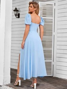 PARTHEA Puff Sleeve Tie Front Off Shoulder Slit Thigh Dress - Mint Blue - View 2