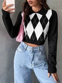 SHEIN Qutie Argyle Pattern Collared Crop Jumper - Black and White - View 1