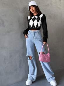 SHEIN Qutie Argyle Pattern Collared Crop Jumper - Black and White - View 3