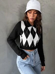 SHEIN Qutie Argyle Pattern Collared Crop Jumper - Black and White - View 4