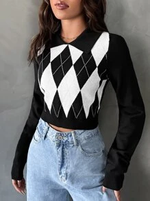 SHEIN Qutie Argyle Pattern Collared Crop Jumper - Black and White - View 5