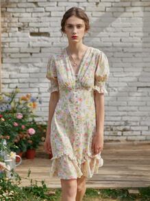 Simple Retro Đầm viền lá sen Viên lá sen Buộc lại Dải chun Nút phía trước Hoa Tất cả trên in Giải trí - Nhiều màu - Xem 1