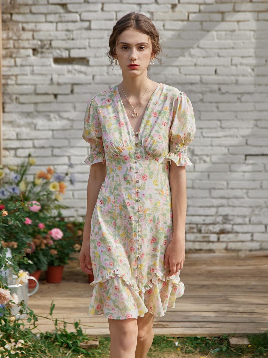 Simple Retro Đầm viền lá sen Viên lá sen Buộc lại Dải chun Nút phía trước Hoa Tất cả trên in Giải trí - Nhiều màu - Xem 1