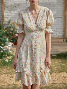 Simple Retro Đầm viền lá sen Viên lá sen Buộc lại Dải chun Nút phía trước Hoa Tất cả trên in Giải trí - Nhiều màu - Xem 4