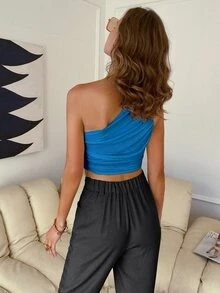Sollinarry One Shoulder Ruched Crop Top - Blue - View 2