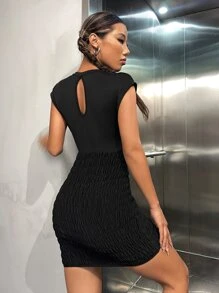 Slogan Graphic Keyhole Back Shirred Hem Bodycon Dress - Black - View 2