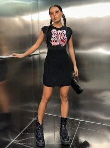 Slogan Graphic Keyhole Back Shirred Hem Bodycon Dress - Black - View 4