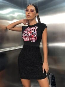 Slogan Graphic Keyhole Back Shirred Hem Bodycon Dress - Black - View 5