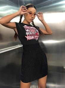 Slogan Graphic Keyhole Back Shirred Hem Bodycon Dress - Black - View 6