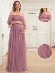 Maternity Off Shoulder Flounce Sleeve Mesh Elegant Dress, For Party - Dusty Pink - View 4