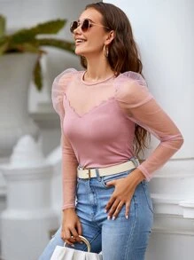 SHEIN Privé Mesh Puff Sleeve Scallop Edge Top - Dusty Pink - View 3