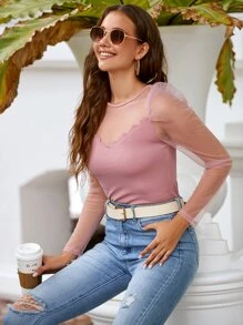 SHEIN Privé Mesh Puff Sleeve Scallop Edge Top - Dusty Pink - View 5