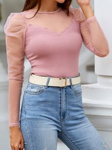 SHEIN Privé Mesh Puff Sleeve Scallop Edge Top - Dusty Pink - View 7