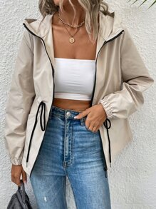 SHEIN LUNE Áo khoác nữ Dây kéo màu trơn Giải trí - Màu be - Xem 1