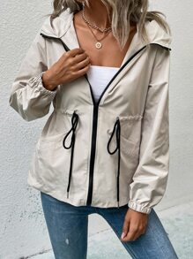 SHEIN LUNE Áo khoác nữ Dây kéo màu trơn Giải trí - Màu be - Xem 3