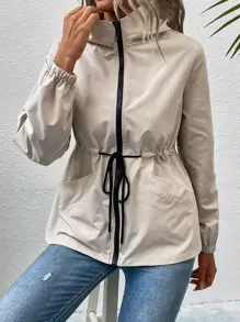 SHEIN LUNE Áo khoác nữ Dây kéo màu trơn Giải trí - Màu be - Xem 4