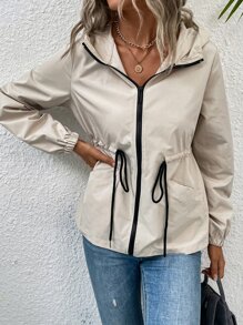SHEIN LUNE Áo khoác nữ Dây kéo màu trơn Giải trí - Màu be - Xem 5