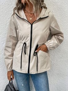 SHEIN LUNE Áo khoác nữ Dây kéo màu trơn Giải trí - Màu be - Xem 6