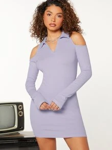 SHEIN Solid Cold Shoulder Bodycon Dress - Lilac Purple - View 1