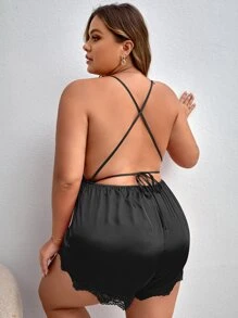Plus Contrast Lace Crisscross Backless Satin Sleep Romper - Black - View 2