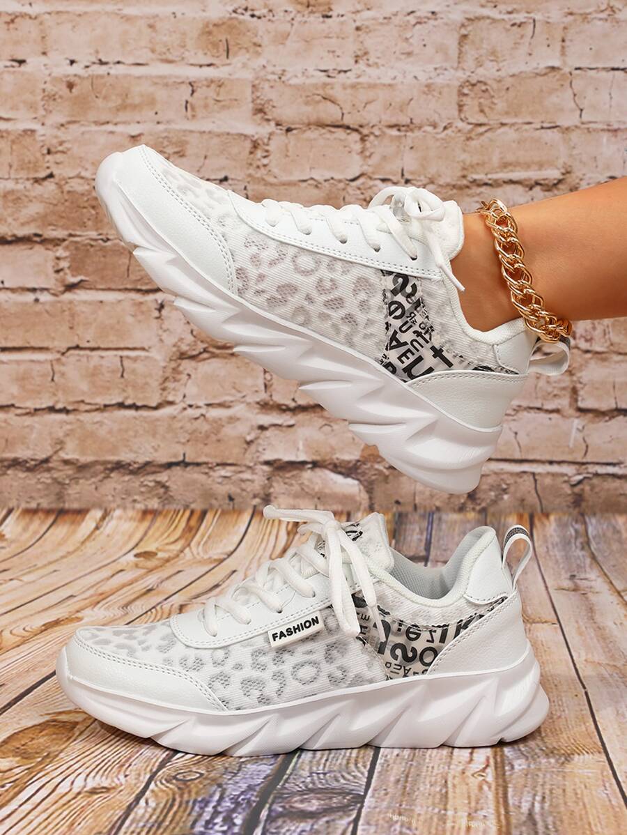 Women's White Road Running Shoes With Leopard Print & Letter Pattern, Front Lacing And Thick Sole - White - View 1