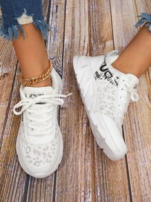 Women's White Road Running Shoes With Leopard Print & Letter Pattern, Front Lacing And Thick Sole - White - View 5