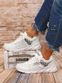 Women's White Road Running Shoes With Leopard Print & Letter Pattern, Front Lacing And Thick Sole - White - View 3