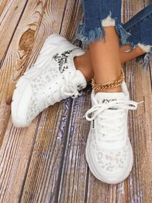 Women's White Road Running Shoes With Leopard Print & Letter Pattern, Front Lacing And Thick Sole - White - View 4