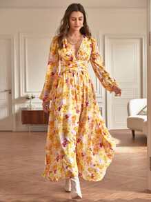 SHEIN Frenchy Allover Floral Print Ruched Front Ruffle Hem Dress - Multicolor - View 5