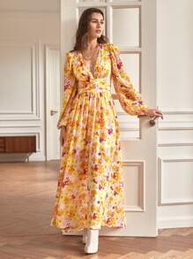 SHEIN Frenchy Allover Floral Print Ruched Front Ruffle Hem Dress - Multicolor - View 7