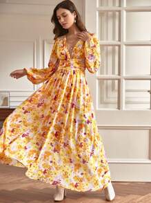 SHEIN Frenchy Allover Floral Print Ruched Front Ruffle Hem Dress - Multicolor - View 9