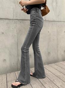 女士高腰喇叭休闲百搭牛仔裤（春季款） - 灰色 - 查看 1