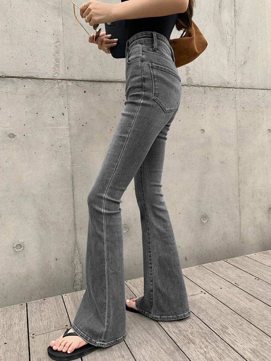 女士高腰喇叭休闲百搭牛仔裤（春季款） - 灰色 - 查看 1