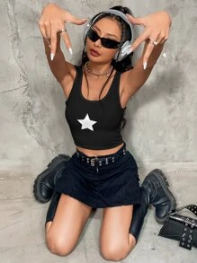 SHEIN ICON Star Print Ribbed Knit Tank Top - Black - View 4