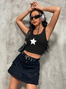 SHEIN ICON Star Print Ribbed Knit Tank Top - Black - View 6