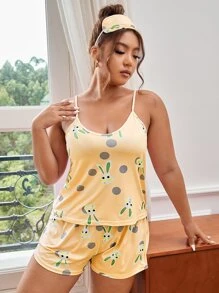 Plus Cartoon Rabbit & Polka Dot Cami & Shorts PJ Set & Eye Mask - Yellow - View 3