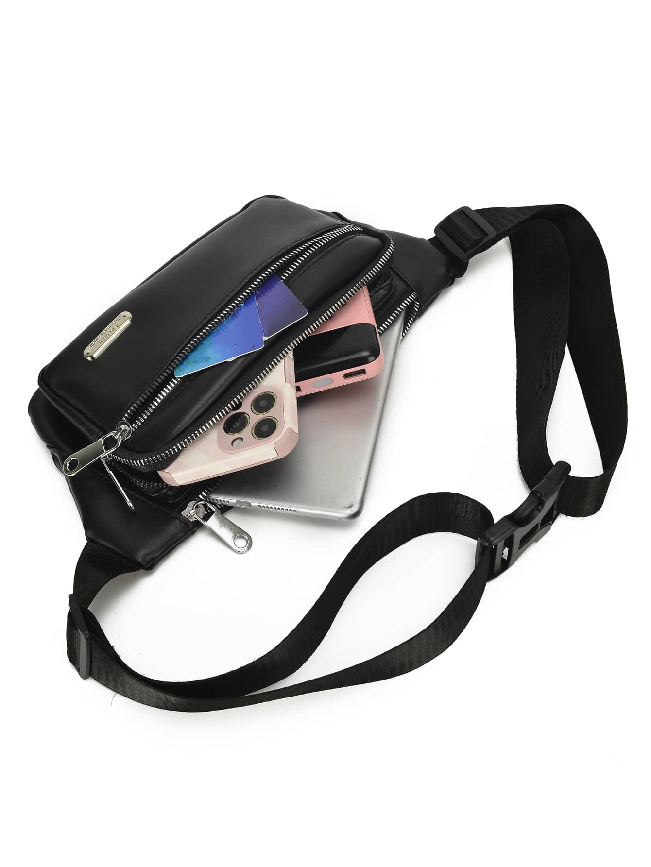 Bolsa De Cintura Masculina Com Detalhes De Metal Bolsa De Peito Bolsas De Cintura Fanny Pack Para Transporte De Transporte Para Estudantes De Viagens Escolares Bolsas Leves Multifuncionais Antirroubo - Preto - Visão 6