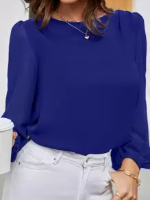 EMERY ROSE Blusa con mangas farol y escote con abertura en la espalda, blusas de manga larga - azul real - Ver 5
