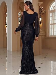 Missord Mesh Panel Split Sleeve Sequin Formal Dress - Black - View 2
