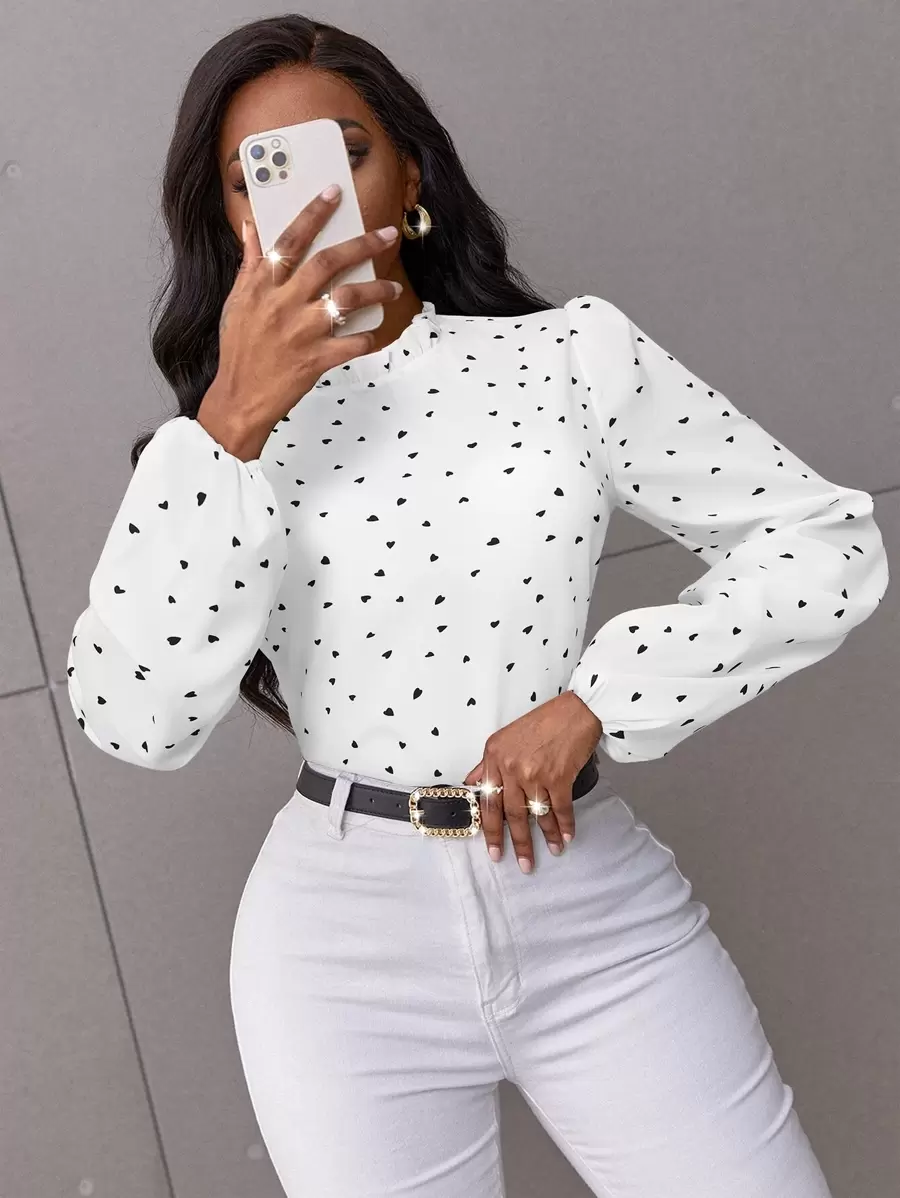 SOLERSUN Confetti Heart Print Bishop Sleeve Frilled Neck Blouse,Long Sleeve Tops Fall Cloth For Women - White - View 1
