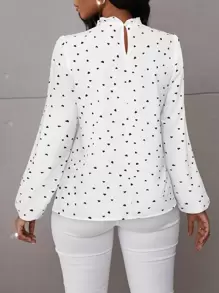 SOLERSUN Confetti Heart Print Bishop Sleeve Frilled Neck Blouse,Long Sleeve Tops Fall Cloth For Women - White - View 2