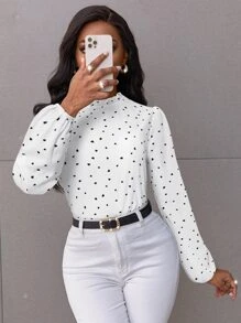 SOLERSUN Confetti Heart Print Bishop Sleeve Frilled Neck Blouse,Long Sleeve Tops Fall Cloth For Women - White - View 4