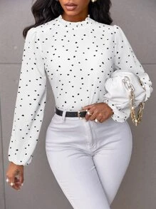 SOLERSUN Confetti Heart Print Bishop Sleeve Frilled Neck Blouse,Long Sleeve Tops Fall Cloth For Women - White - View 5