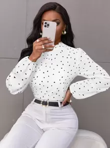 SOLERSUN Confetti Heart Print Bishop Sleeve Frilled Neck Blouse,Long Sleeve Tops Fall Cloth For Women - White - View 6